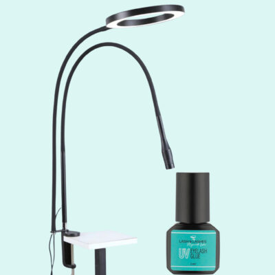 Asztalra Rögzíthető Duo UV / LED Lámpa Állítható Fényerővel és Fókusszal Szempillaragasztóhoz + UV / LED Clear Szempillaragasztó 3 ml.